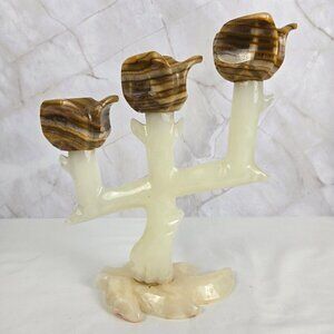 Vintage Mid-Century Modern 3 Arm Candleholder Natural Onyx Marbled Candelabra